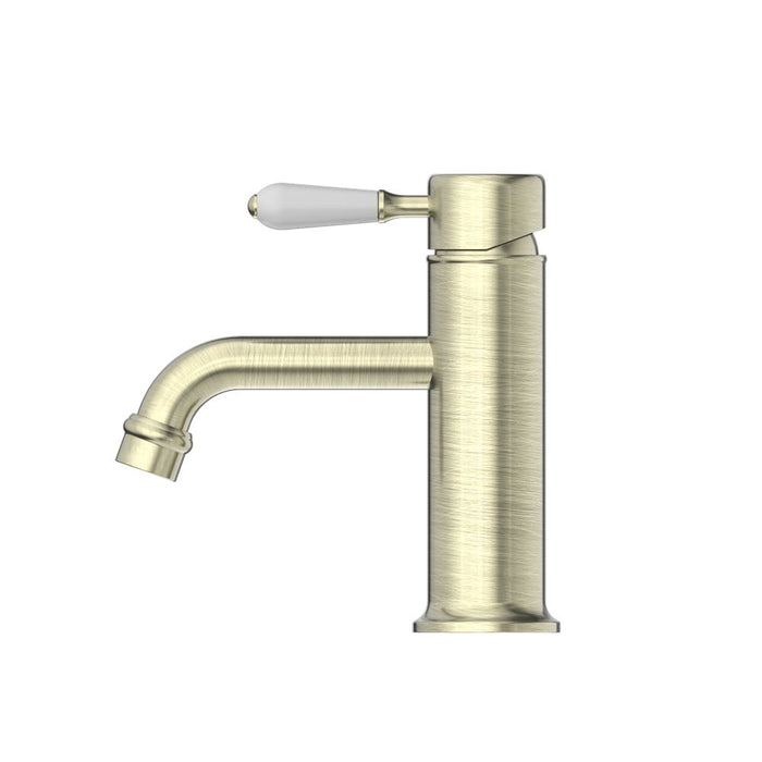 Nero York Straight Basin Mixer With White Porcelain Lever - Aged Brass-NR692101b01AB-blue-leaf-bathware