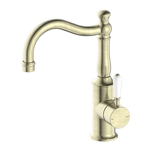 Nero York Basin Mixer Hook Spout With White Porcelain Lever - Aged Brass-NR69210201AB-blue-leaf-bathware