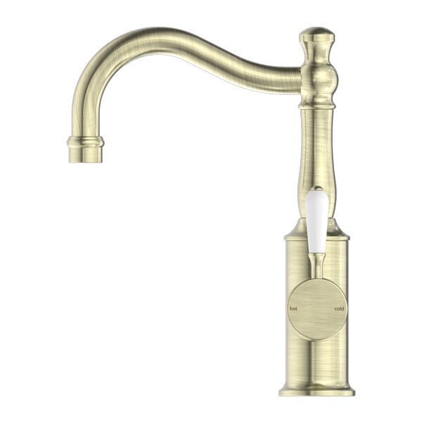 Nero York Basin Mixer Hook Spout With White Porcelain Lever - Aged Brass-NR69210201AB-blue-leaf-bathware