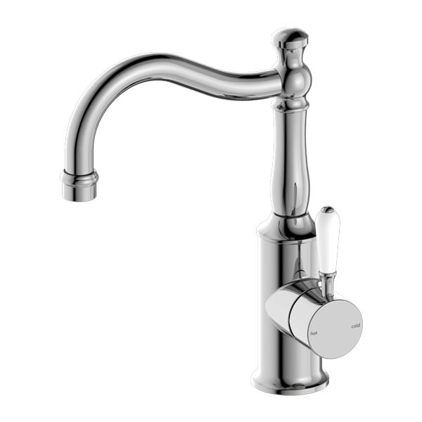 Nero York Basin Mixer Hook Spout With White Porcelain Lever - Chrome-NR69210201CH-blue-leaf-bathware