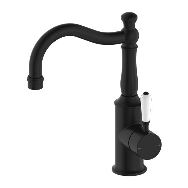 Nero York Basin Mixer Hook Spout With White Porcelain Lever - Matte Black-NR69210201MB-blue-leaf-bathware