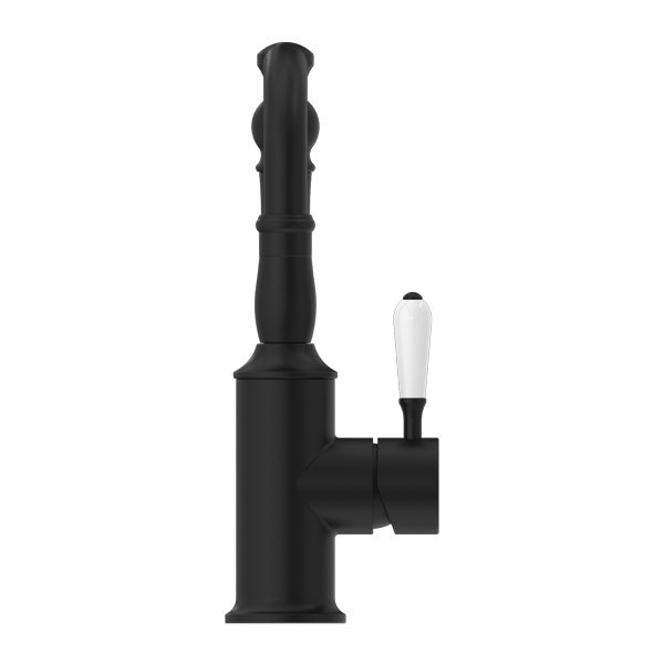 Nero York Basin Mixer Hook Spout With White Porcelain Lever - Matte Black-NR69210201MB-blue-leaf-bathware