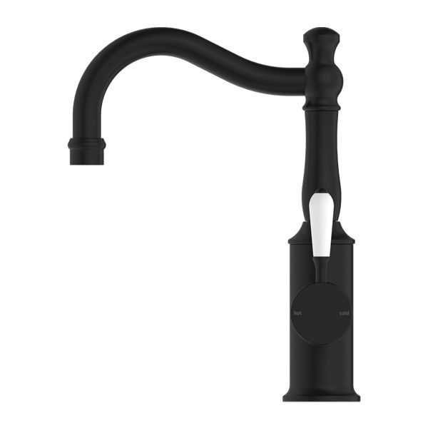 Nero York Basin Mixer Hook Spout With White Porcelain Lever - Matte Black-NR69210201MB-blue-leaf-bathware