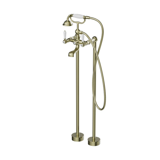 Nero York Freestanding Bath Set With White Porcelain Hand Shower - Aged Brass-NR692103a01AB-blue-leaf-bathware