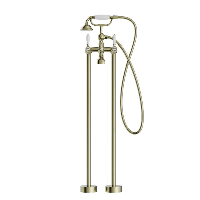 Nero York Freestanding Bath Set With White Porcelain Hand Shower - Aged Brass-NR692103a01AB-blue-leaf-bathware