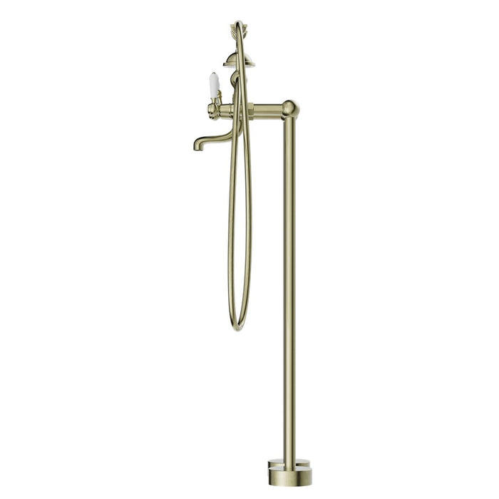 Nero York Freestanding Bath Set With White Porcelain Hand Shower - Aged Brass-NR692103a01AB-blue-leaf-bathware