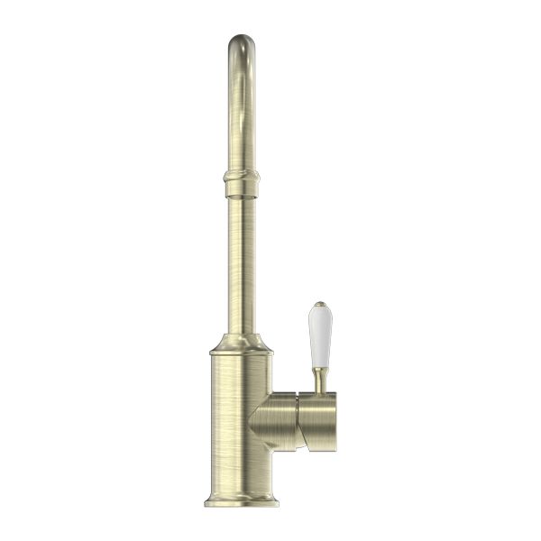 Nero York Kitchen Mixer Gooseneck Spout With White Porcelain Lever - Aged Brass-NR69210601AB-blue-leaf-bathware