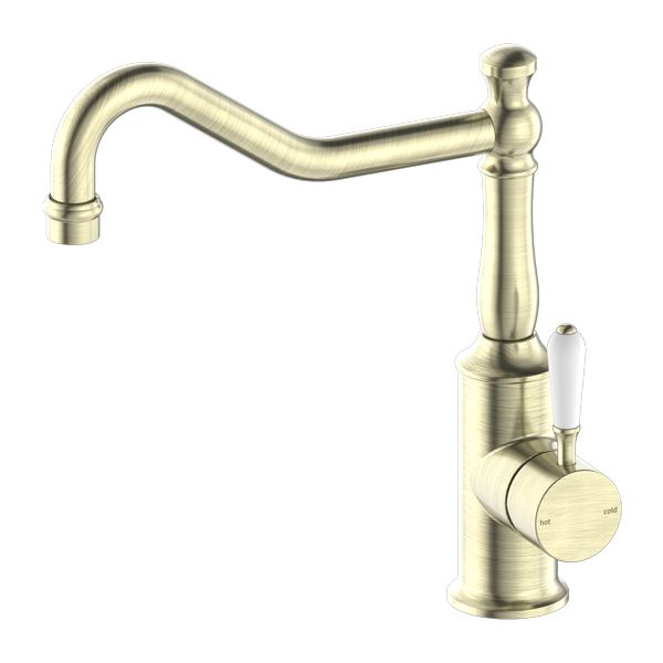 Nero York Kitchen Mixer Hook Spout With White Porcelain Lever - Aged Brass-NR69210701AB-blue-leaf-bathware