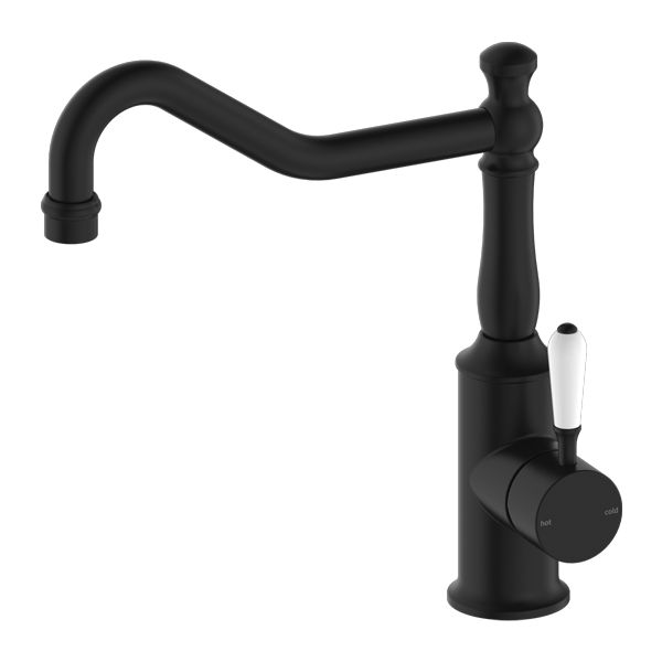 Nero York Kitchen Mixer Hook Spout With White Porcelain Lever - Matte Black-NR69210701MB-blue-leaf-bathware