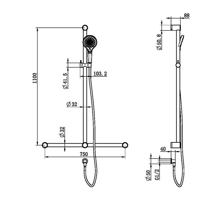 Nero Mecca Care 32mm T Bar Grab Rail And Adjustable Shower Set 1100x750mm - Brushed Gold-NRCS006BG-blue-leaf-bathware