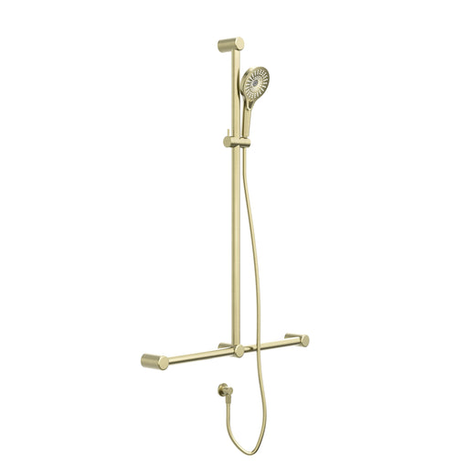 Nero Mecca Care 32mm T Bar Grab Rail And Adjustable Shower Set 1100x750mm - Brushed Gold-NRCS006BG-blue-leaf-bathware