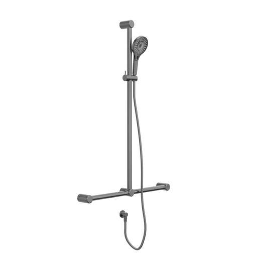 Nero Mecca Care 32mm T Bar Grab Rail And Adjustable Shower Set 1100x750mm - Gun Metal-NRCS006GM-blue-leaf-bathware