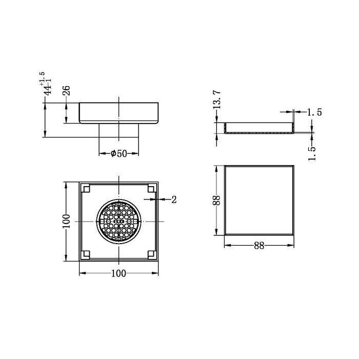 Nero 100mm Square Tile Insert Floor Waste 50mm Outlet - Brushed Bronze-NRFW006BZ-blue-leaf-bathware