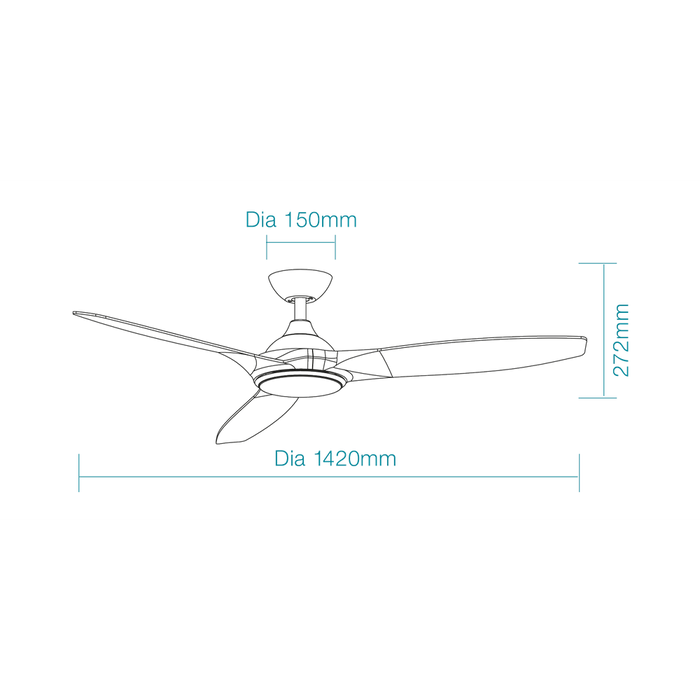 Martec Newport DC 56″ Smart Ceiling Fan With WIFI Remote Control + LED light - Matt White / Oak - Technical Drawing