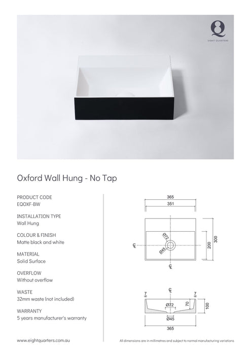 Eight Quarters Oxford Wall Hung - No Tap Specifications