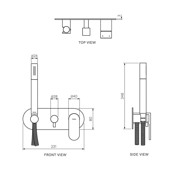 Parisi Elli II Wall Mixer with 2-Way Diverter and Handshower - Matt Black-E2.04-D2E-A.02-blue-leaf-bathware