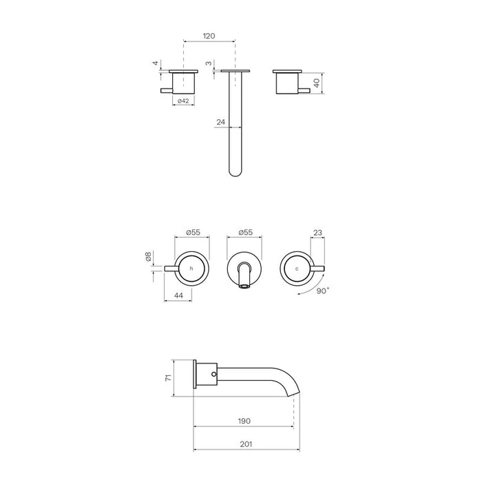 Parisi Envy II Wall Basin/Bath Set with 190mm Spout Brushed Brass-P2.01-3W190.46-blue-leaf-bathware