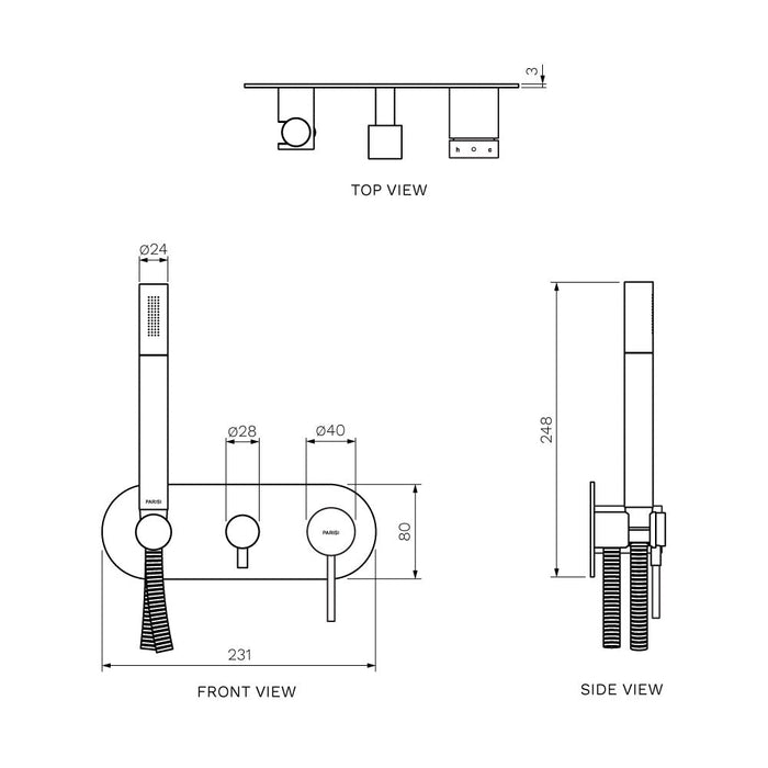 Parisi Envy II Wall Mixer with 2-Way Diverter and Handshower - Matt Black-P2.04-D2E-A.02-blue-leaf-bathware