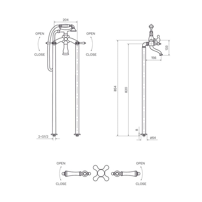 Parisi Hermitage Bath Filler Chrome with Hand Shower (Cross Handle)-HE.08-D2F-blue-leaf-bathware