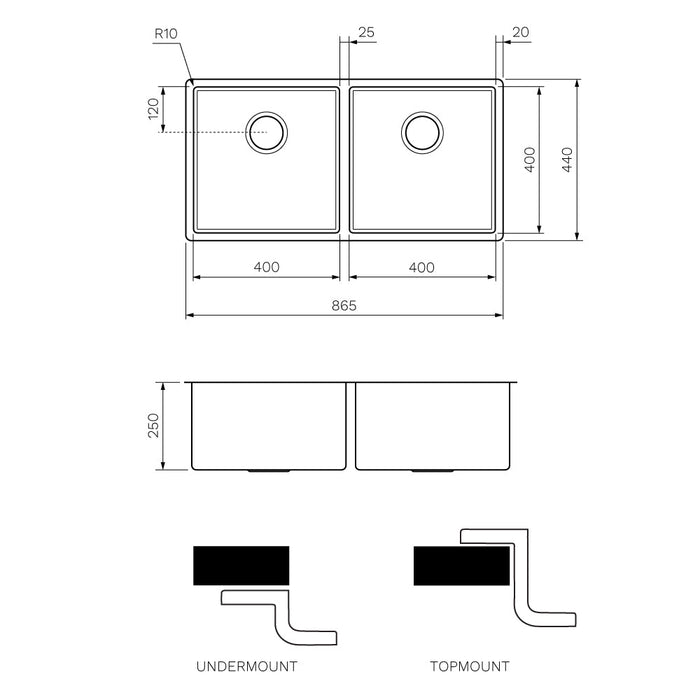 Parisi Quadro Sink Deep Double Bowl 865mm - Stainless Steel-PK8644D-blue-leaf-bathware