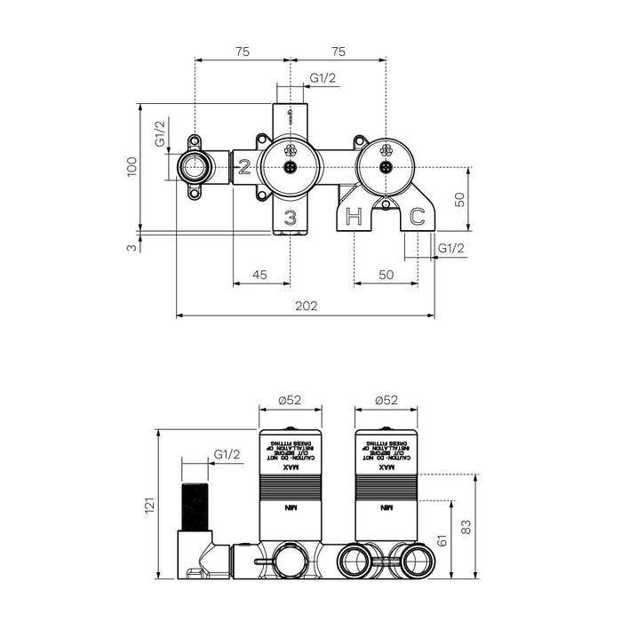 Parisi Recessed Diverter Mixer Body (2-way) with Outlet ON/OFF-X2.04W-D2-A-blue-leaf-bathware