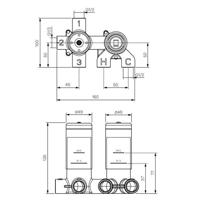 Parisi Recessed Diverter Mixer Body (3-way) ON/OFF-X2.04W-D3-blue-leaf-bathware