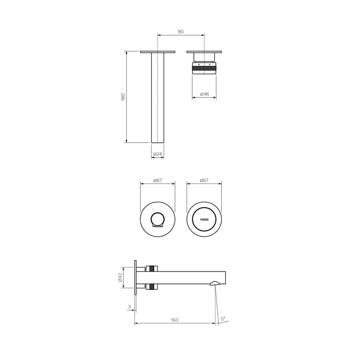 Parisi Todo II Wall Mixer with 160mm Spout (Individual Flanges) - Chrome-T2DO.01-2RF160-blue-leaf-bathware