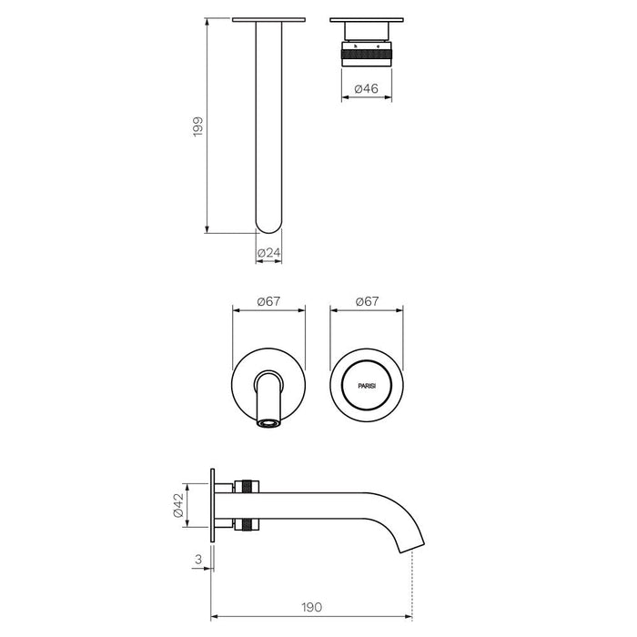 Parisi Todo II Wall Mixer with 190mm Curved Spout (Individual Flanges) - Brushed Brass-T2DO.01-2RF190C.46-blue-leaf-bathware