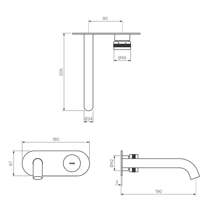 Parisi Todo II Wall Mixer with 190mm Curved Spout on Elliptical Plate - Brushed Brass-T2DO.01-2E190C.46-blue-leaf-bathware