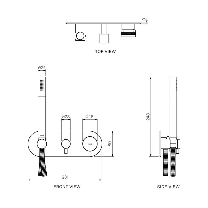 Parisi Todo II Wall Mixer with 2-Way Diverter and Handshower - Matt Black-T2DO.04-D2E-A.02-blue-leaf-bathware