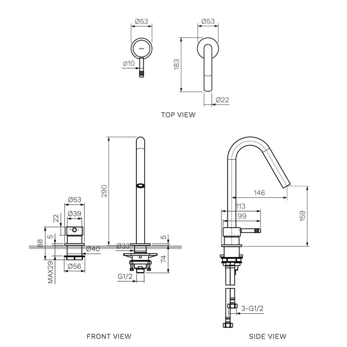 Parisi Tondo II Hob Mixer with Gooseneck Swivel Spout - Brushed Brass-T2.06-2HSE.46-blue-leaf-bathware