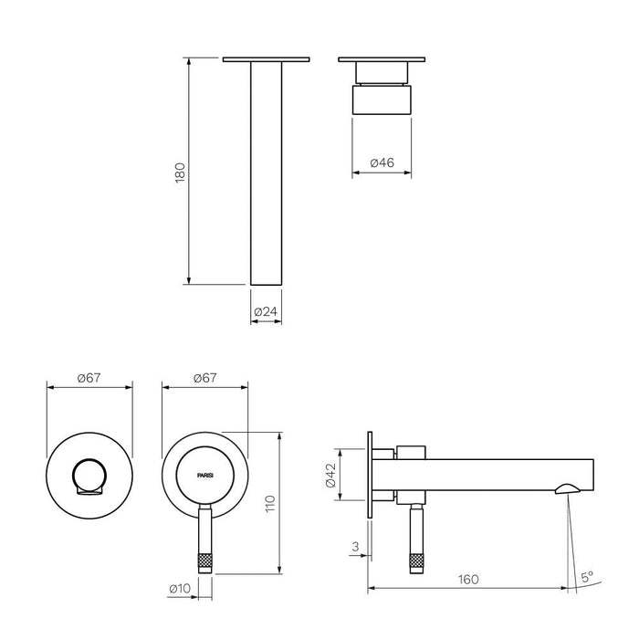 Parisi Tondo II Wall Mixer with 160mm Spout (Individual Flanges) - Brushed Brass-T2.01-2RF160.46-blue-leaf-bathware