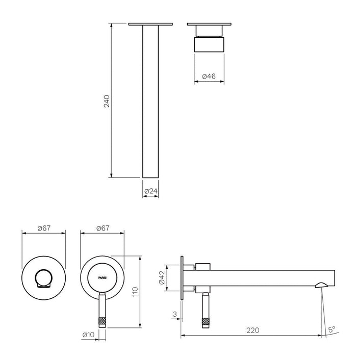 Parisi Tondo II Wall Mixer with 220mm Spout (Individual Flanges) - Brushed Brass-T2.01-2RF220.46-blue-leaf-bathware