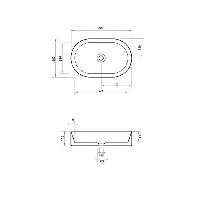 Parisi Track Oval 600 x 380 Bench Basin Gloss White-VA23-blue-leaf-bathware