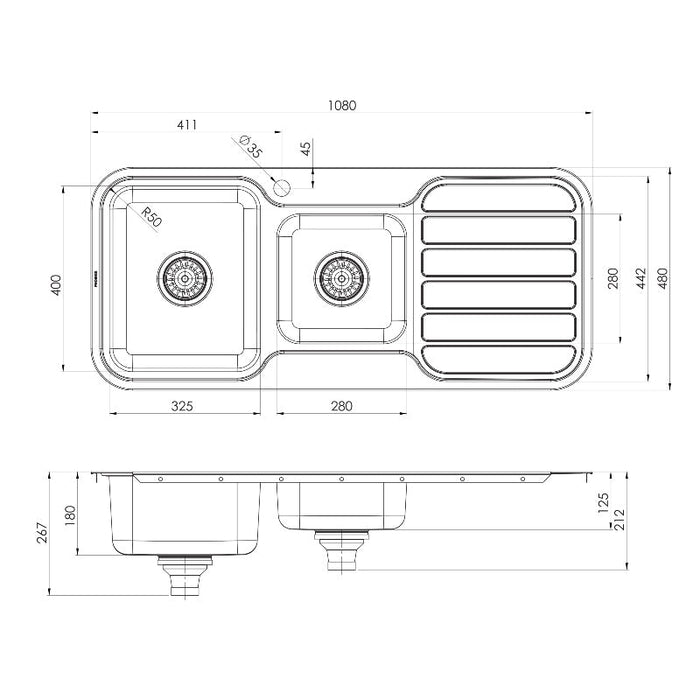 Phoenix 1000 Series 1 and 3/4 Left Hand Bowl Sink with Drainer - Stainless Steel-blue-leaf-bathware