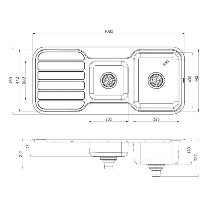 Phoenix 1000 Series 1 and 3/4 Right Hand Bowl Sink with Drainer - Stainless Steel-blue-leaf-bathware