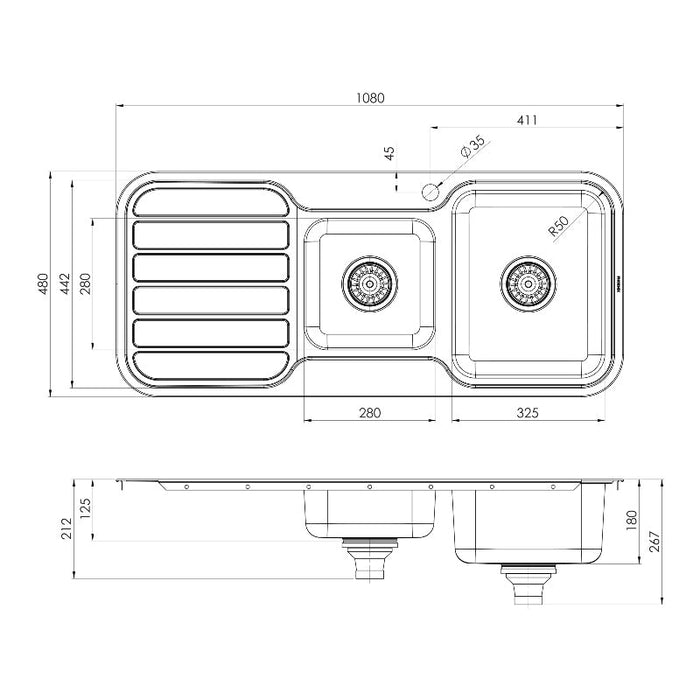 Phoenix 1000 Series 1 and 3/4 Right Hand Bowl Sink with Drainer - Stainless Steel-blue-leaf-bathware