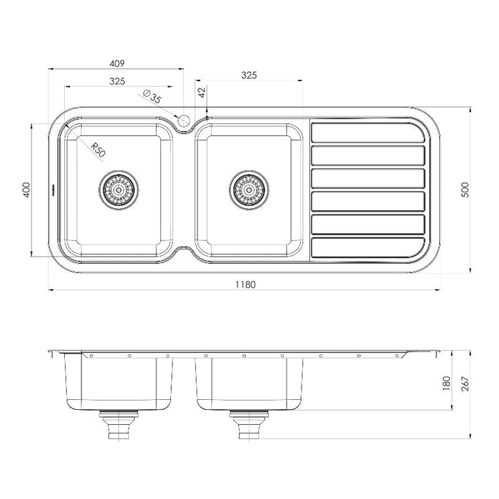 Phoenix 1000 Series Double Left Hand Bowl Sink with Drainer - Stainless Steel-blue-leaf-bathware