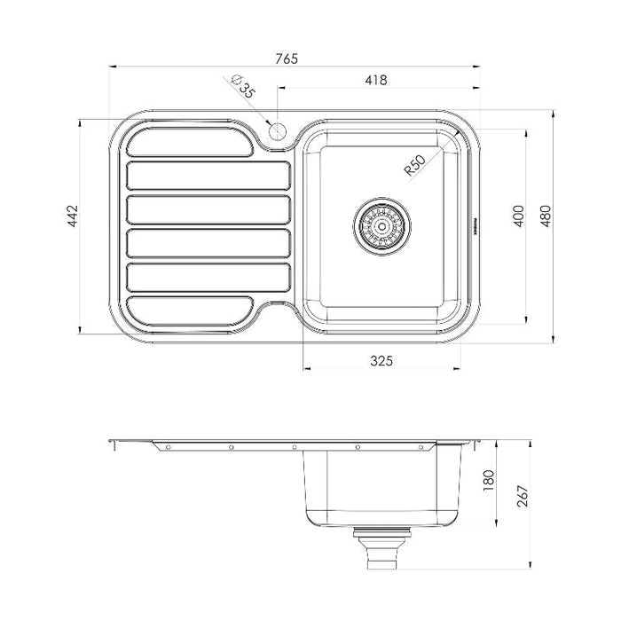 Phoenix 1000 Series Single Right Hand Bowl Sink with Drainer - Stainless Steel-blue-leaf-bathware