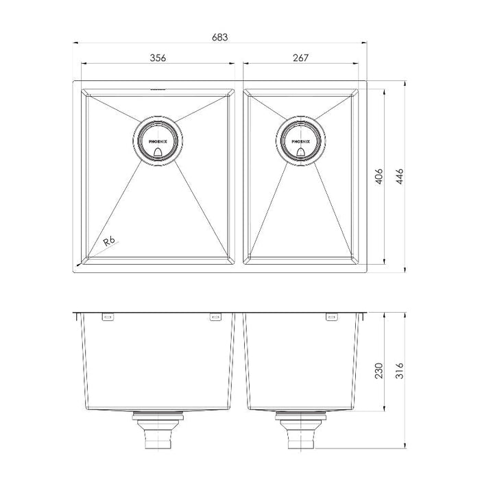 Phoenix 4000 Series 1 and 3/4 Left Hand Bowl Sink - Stainless Steel-310-5202-51-blue-leaf-bathware