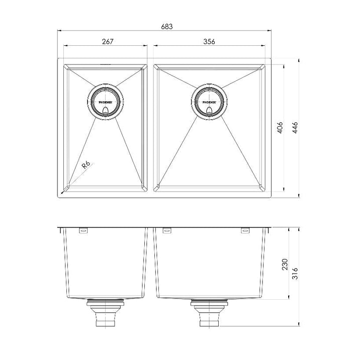 Phoenix 4000 Series 1 and 3/4 Right Hand Bowl Sink - Stainless Steel-310-5102-51-blue-leaf-bathware