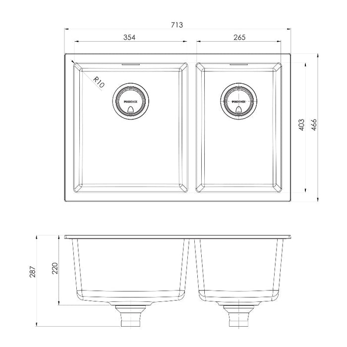 Phoenix 5000 Series 1 and 3/4 Left Hand Bowl Sink - Matte Black-312-5202-10-blue-leaf-bathware