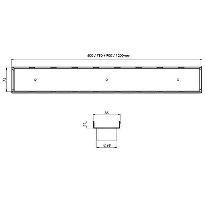 Phoenix Flat Channel 75mm Tile Insert Drain 65mm Outlet - Stainless Steel-blue-leaf-bathware