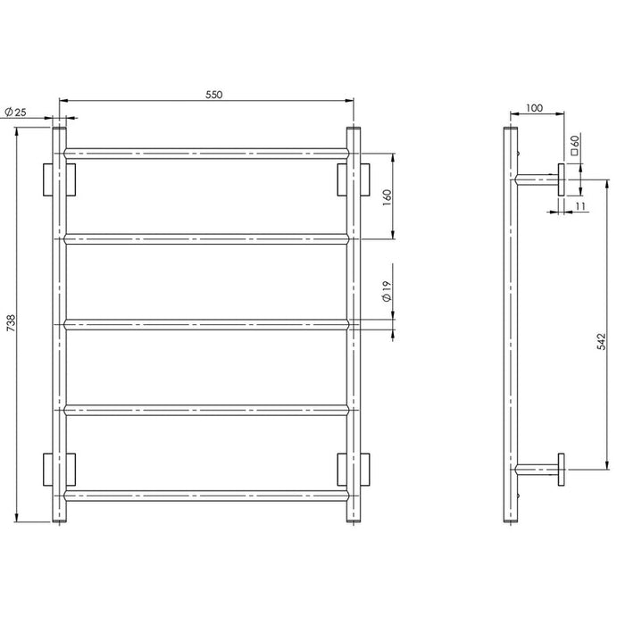 Phoenix Radii Towel Ladder 550 x 740mm Square Plate - Brushed Nickel-RS870 BN-blue-leaf-bathware