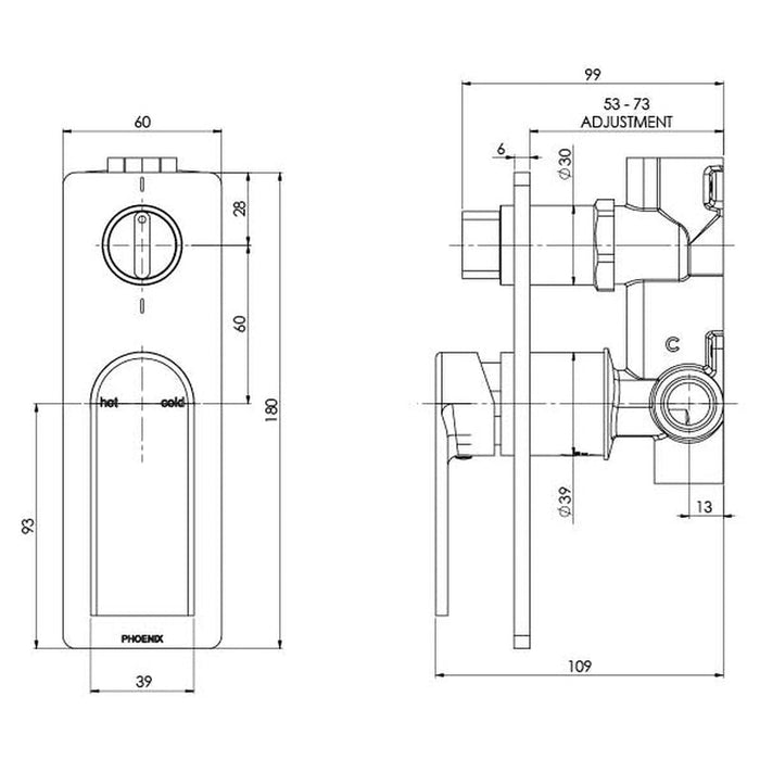 Phoenix Teel Shower / Bath Diverter Mixer - Brushed Nickel-118-7910-40-blue-leaf-bathware