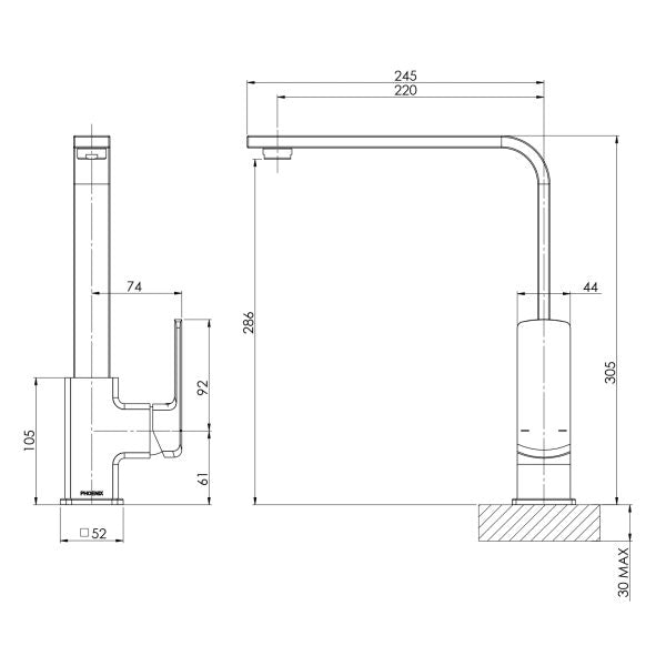 Phoenix Teva Sink Mixer 200mm Squareline - Chrome-152-7340-00-blue-leaf-bathware