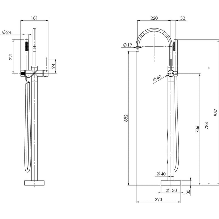 Phoenix Vivid Slimline Floor Mounted Bath Mixer with Hand Shower - Brushed Gold-VS7451-12-blue-leaf-bathware