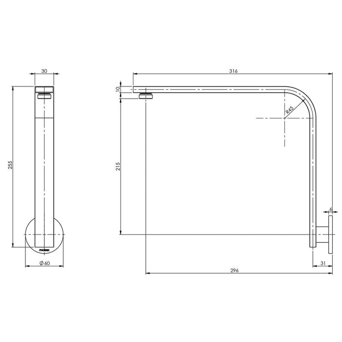 Phoenix Vivid Slimline High-Rise Shower Arm Round Plate - Brushed Nickel-VS6000-40-blue-leaf-bathware