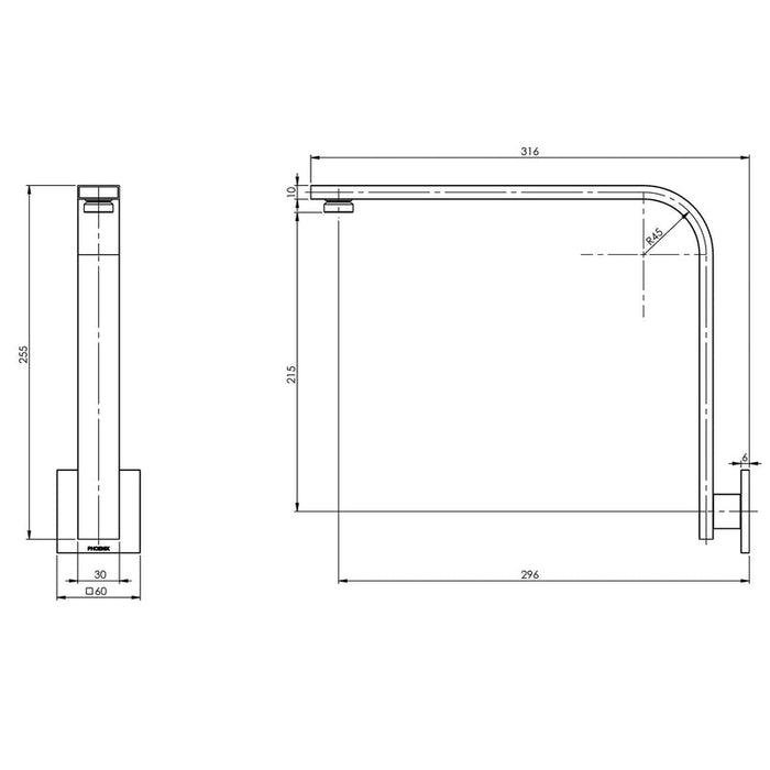 Phoenix Vivid Slimline High-Rise Shower Arm Square Plate - Brushed Gold-VS6001-12-blue-leaf-bathware