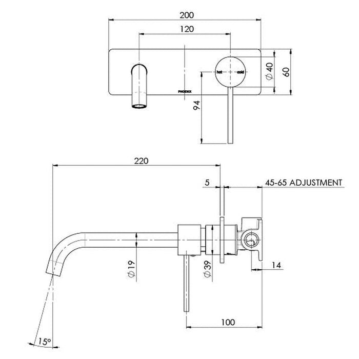 Phoenix Vivid Slimline Wall Bath Mixer Set 230mm Curved - Brushed Nickel-VS7840-40-blue-leaf-bathware